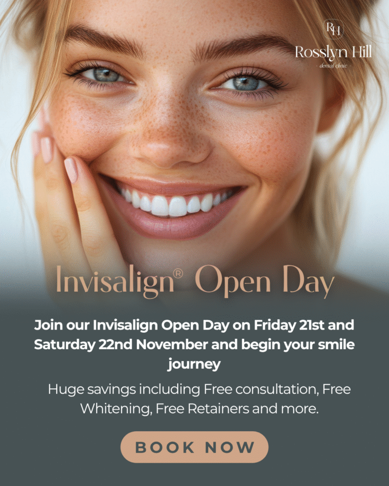Smiling person touching their face, promoting an Invisalign Open Day event with offers on free consultation, whitening, and retainers, scheduled for 21st and 22nd November.