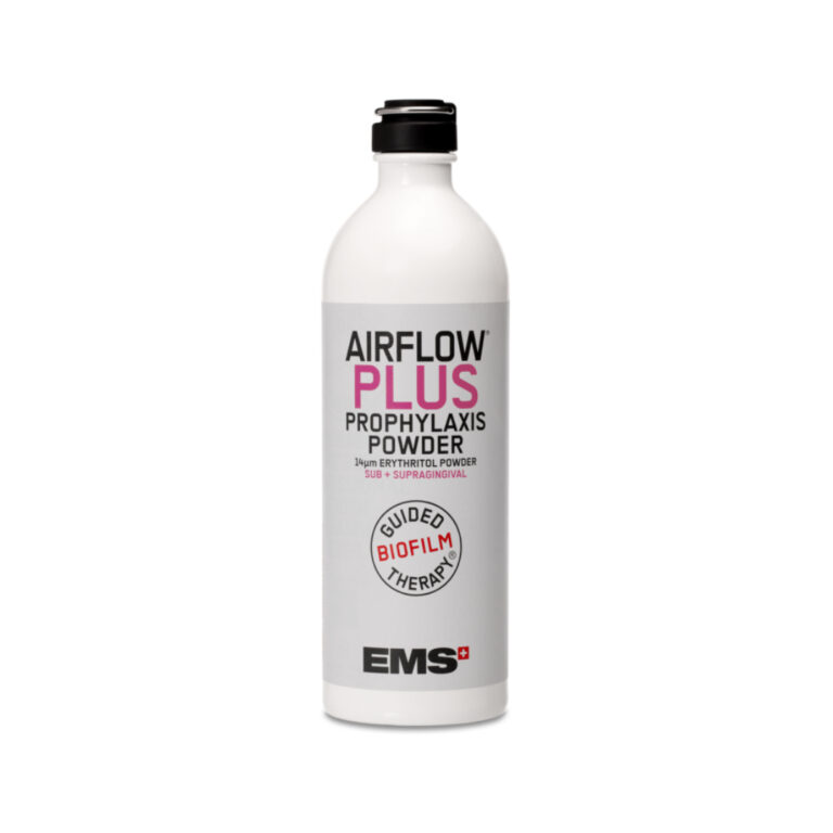 A white bottle labeled "Airflow Plus Prophylaxis Powder" for guided biofilm therapy by EMS, featuring 14µm erythritol powder for dental use.