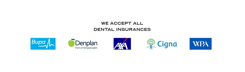 Five dental insurance logos—Bupa, Denplan, AXA, Cigna, and WPA—are displayed below the text "We accept all dental insurances" at Dentist Hampstead.