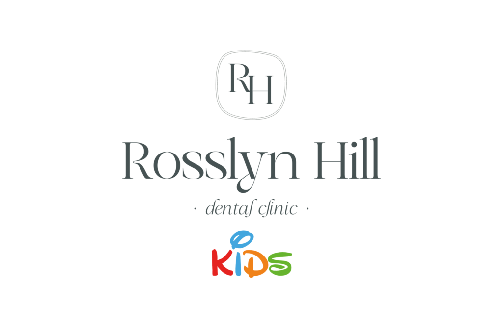 Logo for Rosslyn Hill Dental Clinic Kids, featuring the initials "RH" above, the clinic name in grey text, and "Kids" in colourful, playful letters below.